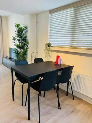 a black dining table and chairs in a room at Zomerhuis - Gratis parkeren! in Noordwijk aan Zee