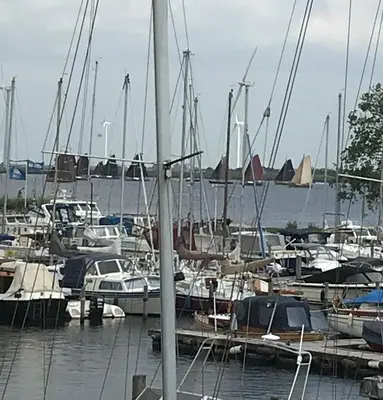a bunch of boats are docked in a marina at Studio Vúr de Diek in Spakenburg