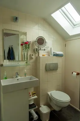 a bathroom with a toilet and a sink and a mirror at Studio Vúr de Diek in Spakenburg