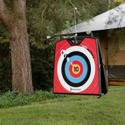 a target hanging from a tree in a yard at Yellow Tiny House with shared pool in Zeewolde