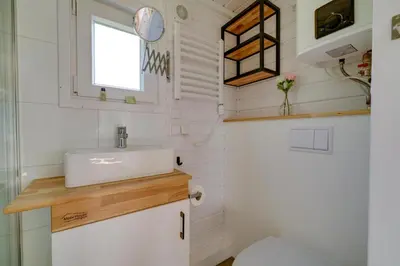 a tiny bathroom with a sink and a toilet at Blue Tiny House with HotTub in Zeewolde