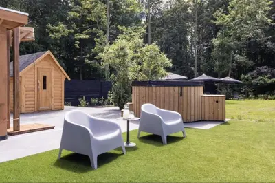 a yard with two chairs and a table in the grass at Blue Tiny House with HotTub in Zeewolde