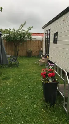 a yard with a pot of flowers next to a house at Chalet Buitenhof 45A in Oegstgeest