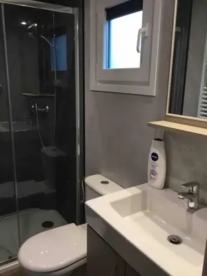 a bathroom with a sink and a toilet and a shower at Chalet Buitenhof 45A in Oegstgeest