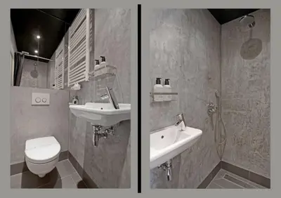 two pictures of a bathroom with a sink and a toilet at Luxurious boutique suite in City Center in Amsterdam