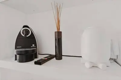 a vase with sticks in it next to a remote control at Luxurious boutique suite in City Center in Amsterdam