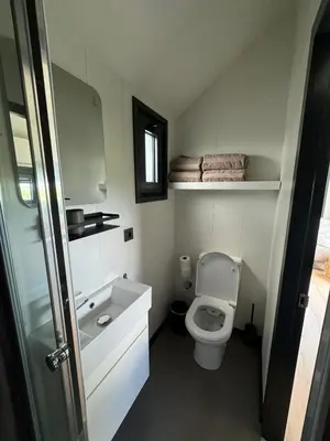 a small bathroom with a toilet and a sink at TinyHouse Ochtendgloren in Haastrecht