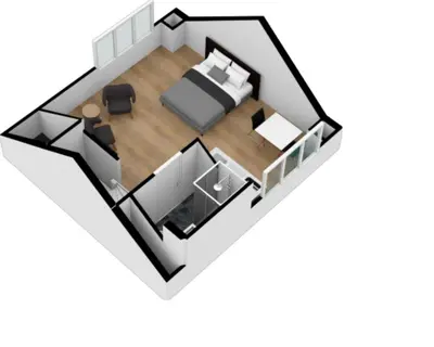 a floor plan of a room with a bed at Strandhuis 122 Studio in Egmond aan Zee
