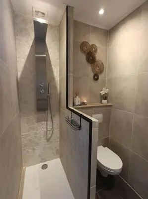 a small bathroom with a toilet and a shower at Waterval Wellness-suite met Sauna! in Bodegraven