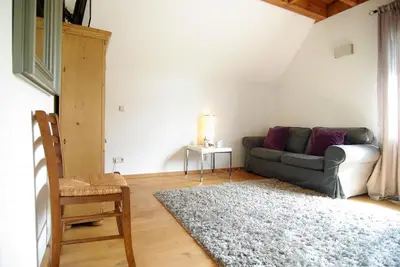 a living room with a couch and a rug at Tranquil wooden house with free parking in Amsterdam