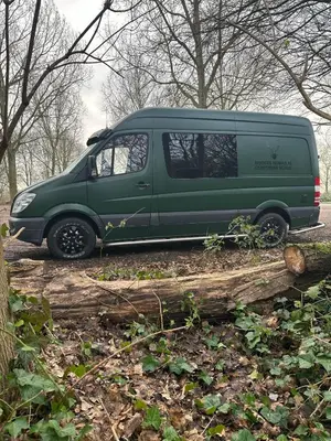 a green van is parked next to a log at Mercedes Sprinter Camper Arbor in Heiloo