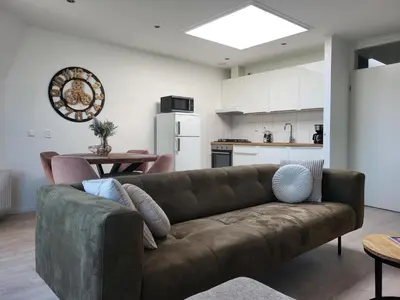 a living room with a brown couch and a kitchen at Residenz Polderblick in Burgerbrug