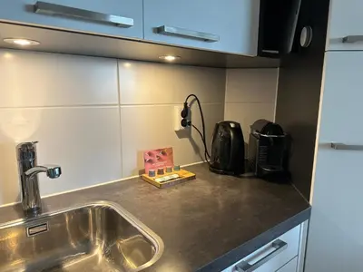 a kitchen counter with a sink and a phone at Appartement 'Zeeblick' in Burgerbrug