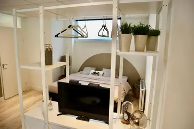 a room with a bed and a tv and shelves at Casa del Queso in Alkmaar