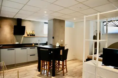 a kitchen and living room with a table and chairs at Casa del Queso in Alkmaar