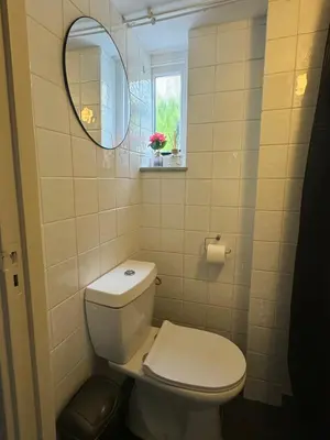 a bathroom with a white toilet and a mirror at Souterrain Boslaan Katwijk aan zee in Katwijk aan Zee
