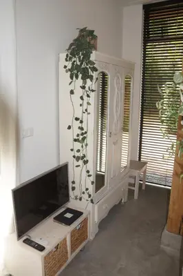 a living room with a television and a plant at natural green loft in Bergen