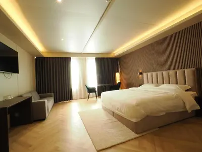 a bedroom with a bed and a desk and a chair at Tung Hotel in Zeewolde