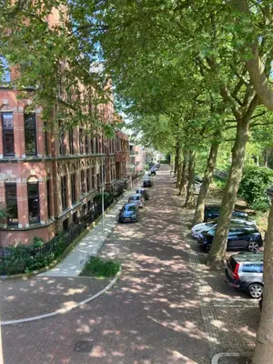 a tree lined street with parked cars and buildings at Cozy room just outside Utrecht Center, calm & green in Utrecht