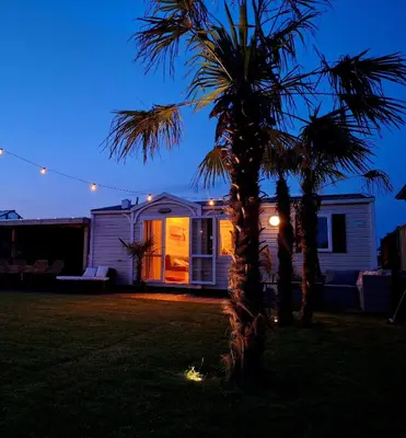 a holiday house with a palm tree in the yard at Chalet aan zee in Noordwijk aan Zee