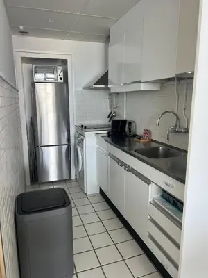 a small kitchen with a sink and a refrigerator at Blue Fish in Zandvoort