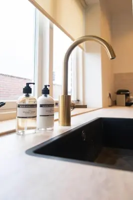 two bottles ofodorizers are sitting on a kitchen sink at Sint Adelbertus in Egmond-Binnen