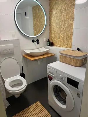 a bathroom with a toilet and a sink and a washing machine at The Hazel House in Haarlem