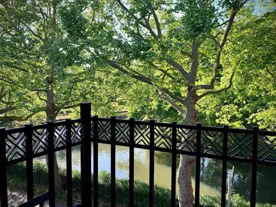 a black fence next to a river with a tree at Suite Canalhouse Majestic in Utrecht
