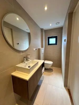 a bathroom with a sink and a mirror and a toilet at Pakhuis Prins in Zaandam