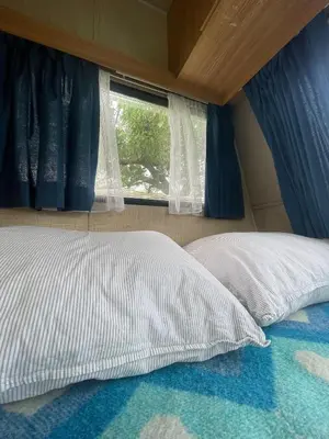 a bed with a white pillow and a window at Vintage caravan in old orchard at farm Huize Blokland in Hem