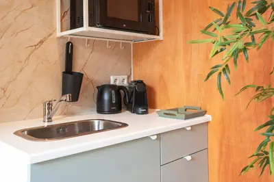 a kitchen counter with a sink and a microwave at Beachhouse Rina - Free Parking in Zandvoort