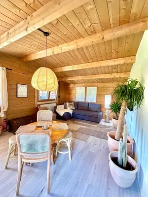 a living room with a wooden ceiling at Mediterranean style chalet with jacuzzi and garden near Amsterdam in Vijfhuizen