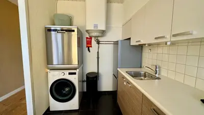 a kitchen with a washing machine and a sink at Strand Panorama Egmond in Egmond aan Zee