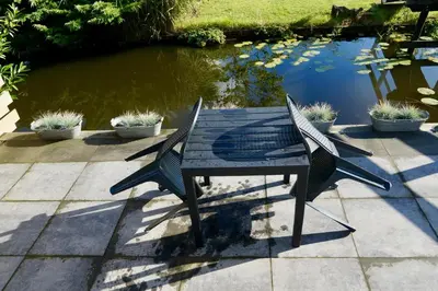 a wooden table and two chairs next to a pond at B&B De groene loper in Sint Pancras
