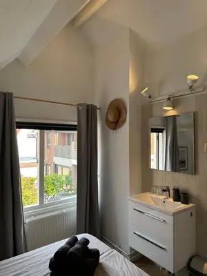 a bedroom with a bed and a sink and a mirror at Cosy Home Zandvoort in Zandvoort