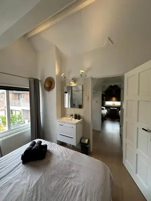 a bedroom with a bed with a sink and a mirror at Cosy Home Zandvoort in Zandvoort