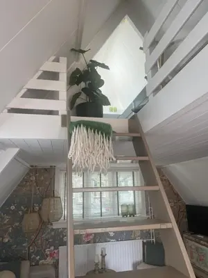 a staircase in a room with a plant on it at Hartje Bergen in Bergen