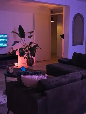 a living room with a couch and a potted plant at Hermitage Suites & Apartments - Amsterdam Zaandam in Zaandam