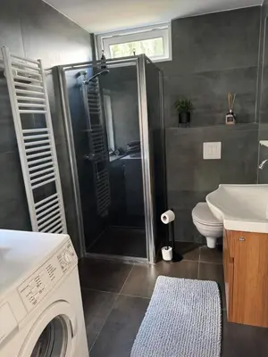 a bathroom with a shower and a toilet and a sink at Smile home 2, Zaanse schans and Amsterdam Appartements in Wormerveer