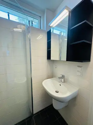 a bathroom with a sink and a glass shower at Beachhouse Seepaertje - Boulevard Noordwijk aan Zee in Noordwijk aan Zee
