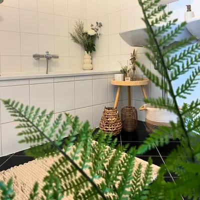 a bathroom with a sink and a table with plants at A few steps away apartment in Zandvoort