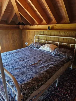 a bed in a room with a wooden ceiling at De Gouwe Hooiberg in Hoogwoud