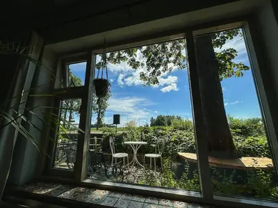 a window view of a patio with a table and chairs at Onder de Kastanje! in Koedijk