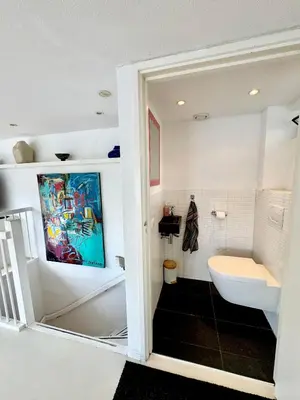 a bathroom with a white toilet and a sink at Houseboat PURE II in Vreeland