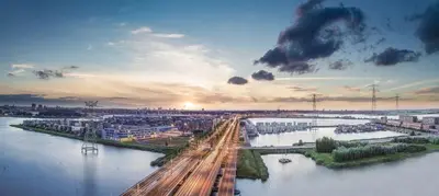 an aerial view of a city with a river at Amadi Panorama Hotel in Amsterdam