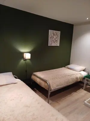 two beds in a room with a green wall at Boerderij Appartement Jachtlust in Voorhout