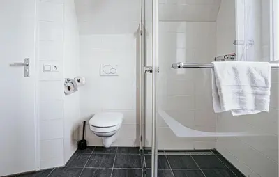 a white bathroom with a toilet and a shower at Flat Fish in Egmond aan Zee