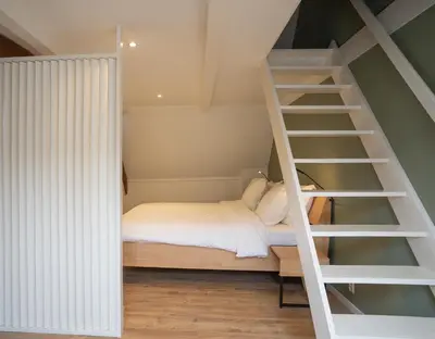a bedroom with a bunk bed and a ladder at Amersfoort City Center Apartment StadsHart in Amersfoort