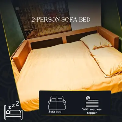a poster of a bed with the words zazon soa bed with mattress provider at Tiny room with wellness in Nieuwegein