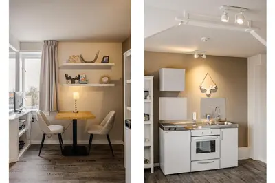 two views of a kitchen and a dining room at Short Stay Zandvoort in Zandvoort